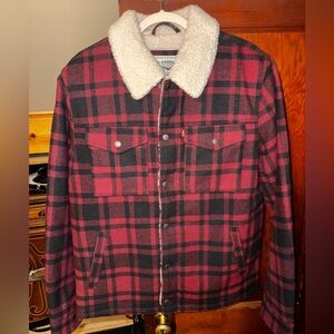 Levi's Buffalo Check Trucker Jacket Men's M Red Black Sherpa Lined Cotton Snap